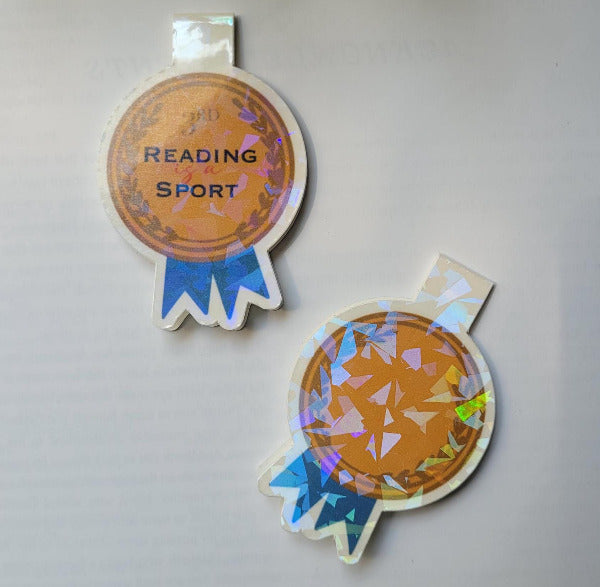 Front and back of Bronze Reading is a Sport Bookmark.