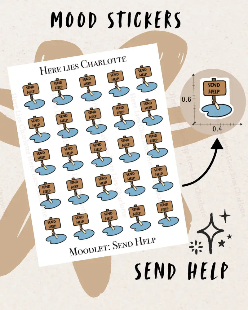 Sheet of 'Send Help' mood stickers with a star and measurement icon on a beige background.