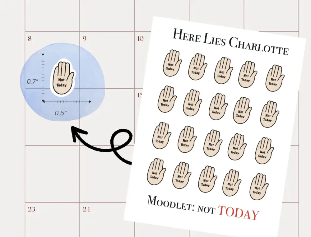 Sheet of stickers with hand illustrations and text on a grid background