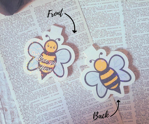 Front and back of bee bookmark.