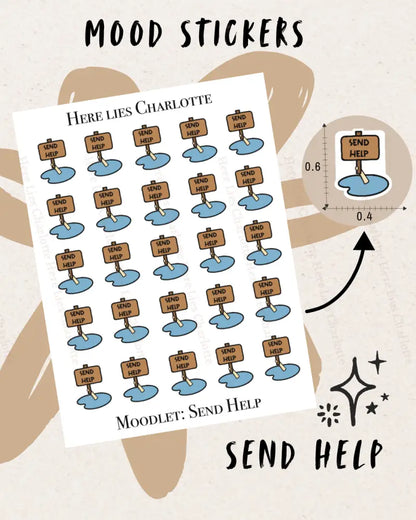 Sheet of 'Send Help' mood stickers with a star and measurement icon on a beige background.