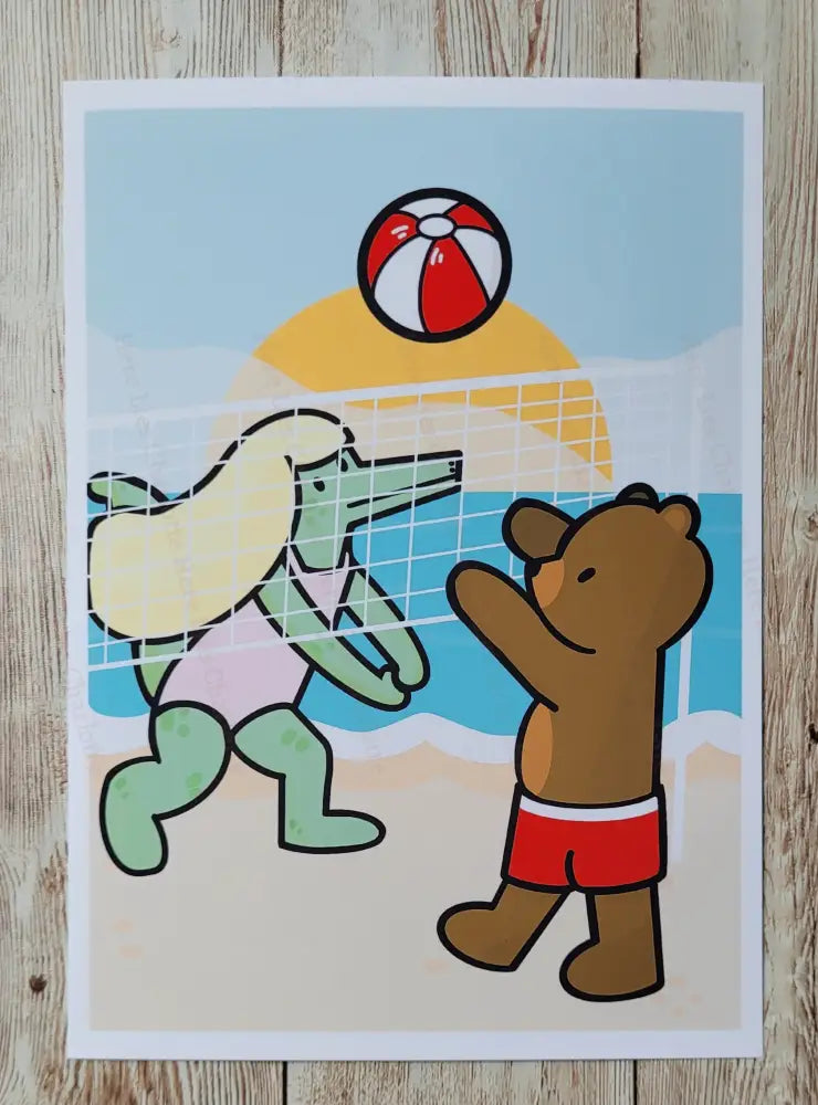 Cartoon illustration of a bear and an alligator playing volleyball on a beach.
