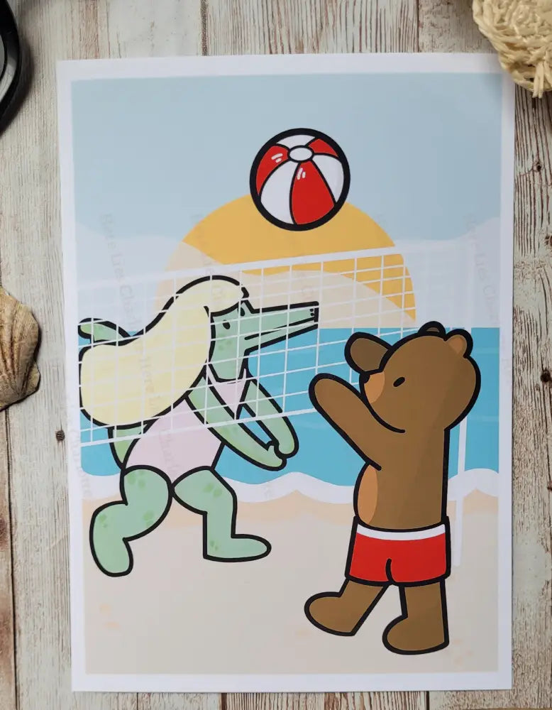 Cartoon illustration of a bear and an alligator playing beach volleyball.