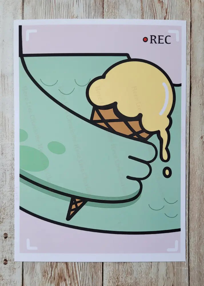 Illustration of a hand holding an ice cream cone with a camera interface overlay on an alligator's belly.