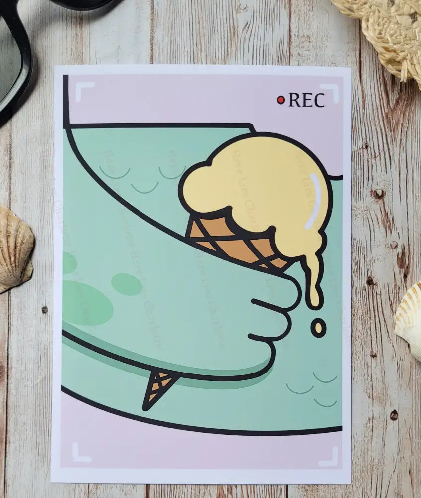 Illustration of a melting ice cream cone on a wooden surface with shells.