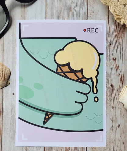 Illustration of a melting ice cream cone on a wooden surface with shells.
